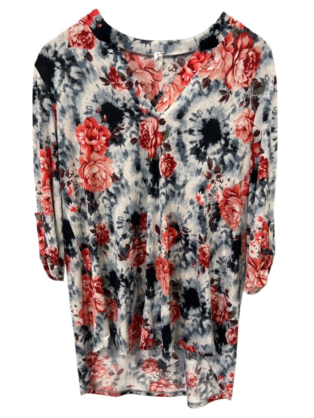 Honeyme Tunic Shirt Small Floral Tie Dye 3/4 Sleeve Black Pink Bohemian Hippie